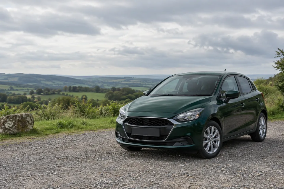 Illustrative scene of a green hatchback parked beside the British countryside.